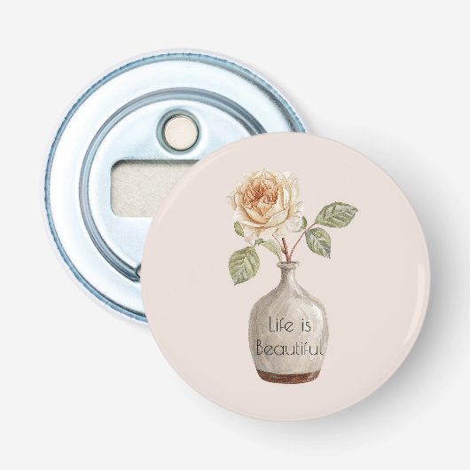Mooie perzikroos bloem in vaas   button flesopener (Voorkant)