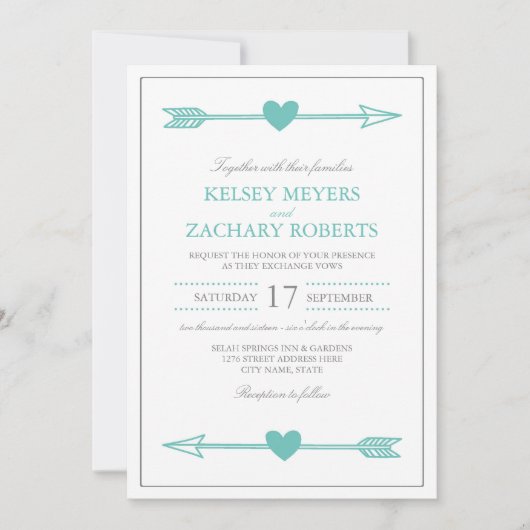 Mooie pijlen bruiloft uitnodiging / Blauwgroen en (Voorkant)