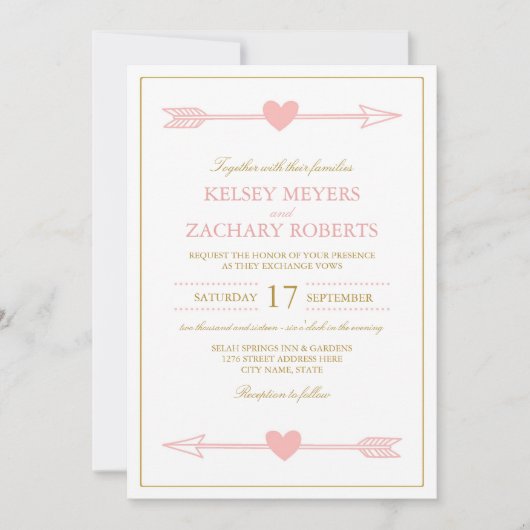 Mooie pijlen bruiloft uitnodiging / Blush & Gold (Voorkant)