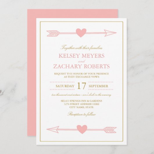 Mooie pijlen bruiloft uitnodiging / Blush & Gold (Voorkant / Achterkant)