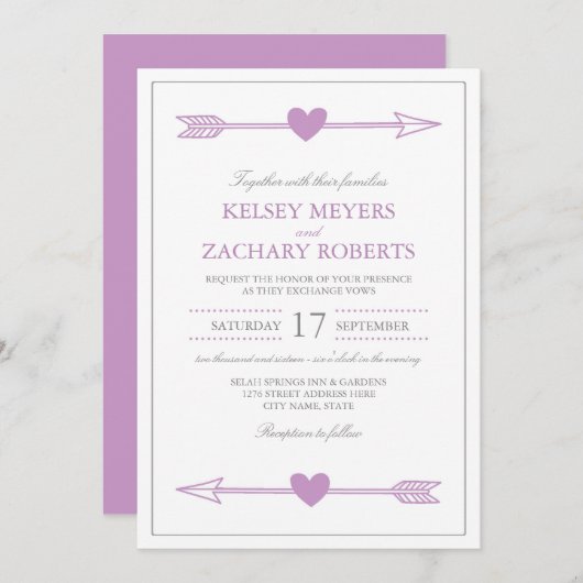 Mooie pijlen bruiloft uitnodiging / Lila en grijs (Voorkant / Achterkant)