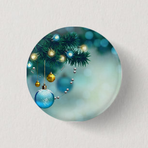 Mooie pijnboom met blauw kerstbal ronde button 3,2 cm