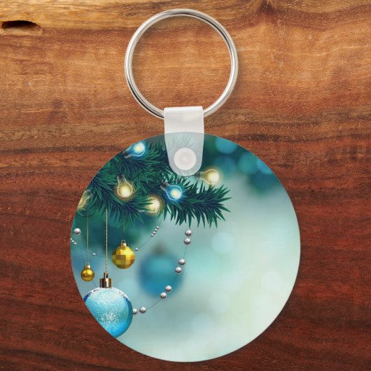 Mooie pijnboom met blauw kerstbal sleutelhanger (Voorkant)