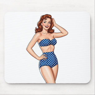 Mooie Pin-up roodharige vrouw in blauw zwempak Muismat