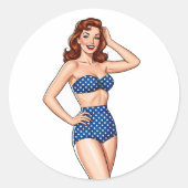 Mooie Pin-up roodharige vrouw in blauw zwempak Ronde Sticker (Voorkant)
