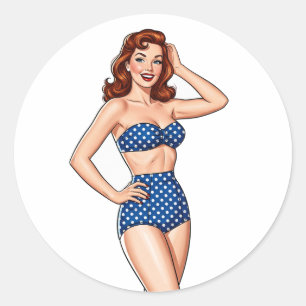 Mooie Pin-up roodharige vrouw in blauw zwempak Ronde Sticker