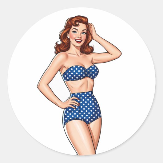 Mooie Pin-up roodharige vrouw in blauw zwempak Ronde Sticker (Voorkant)