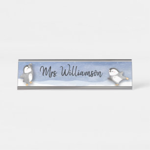 Mooie Pinguïn Klaslokaal Onderwijzer Monogram Bureau Naambordje