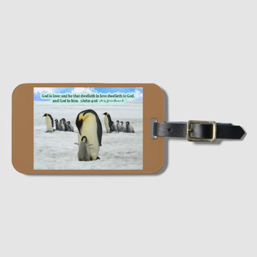 Mooie Pinguïn Schrift 1 Johannes 4:16 Bagagelabel (Voorkant (horizontaal))