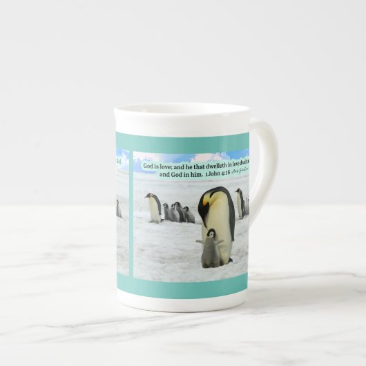 Mooie Pinguïn Schrift 1 Johannes 4:16 Porselein Kop (Voorkant rechts)