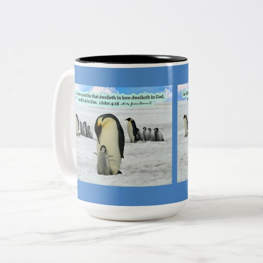 Mooie Pinguïn Schrift 1 Johannes 4:16 Tweekleurige Koffiemok (Voorkant links)