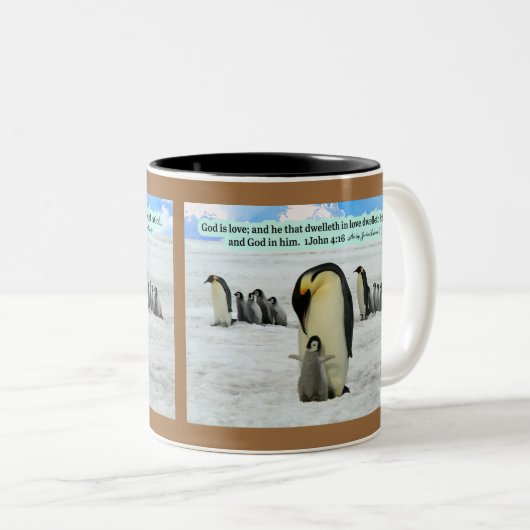 Mooie Pinguïn Schrift 1 Johannes 4:16 Tweekleurige Koffiemok (Voorkant rechts)