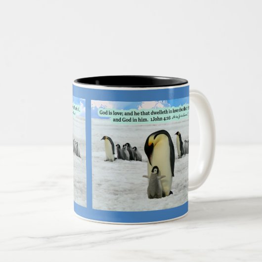 Mooie Pinguïn Schrift 1 Johannes 4:16 Tweekleurige Koffiemok (Voorkant rechts)