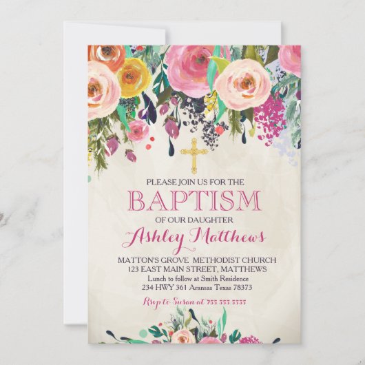Mooie Pink Floral BAPTISM Uitnodiging (Voorkant)