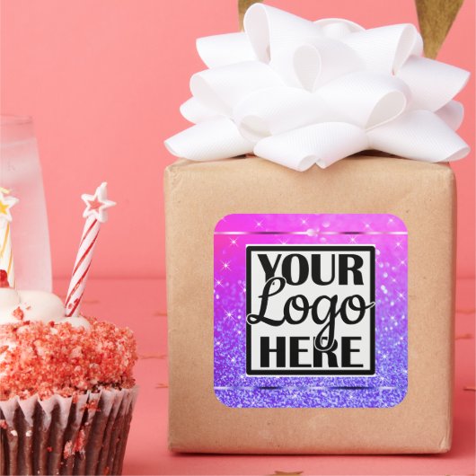 Mooie PInk Paarse Glitter Sparkle Stars met Logo Vierkante Sticker (Feest)