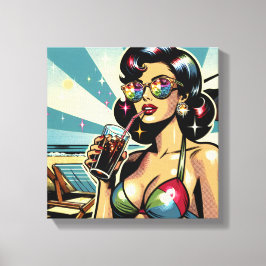 Mooie Pinup Vrouw met een Cola op het Strand Canvas Afdruk