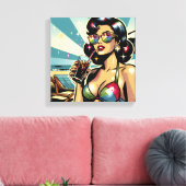 Mooie Pinup Vrouw met een Cola op het Strand Canvas Afdruk (Insitu (Woonkamer))