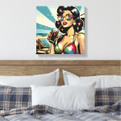 Mooie Pinup Vrouw met een Cola op het Strand Canvas Afdruk (Insitu (Slaapkamer))