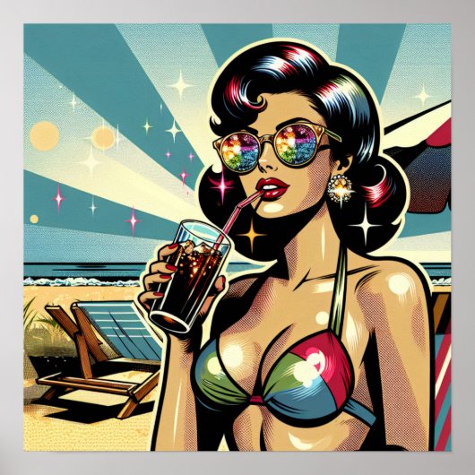 Mooie Pinup Vrouw met een Cola op het Strand Poster (Voorkant)