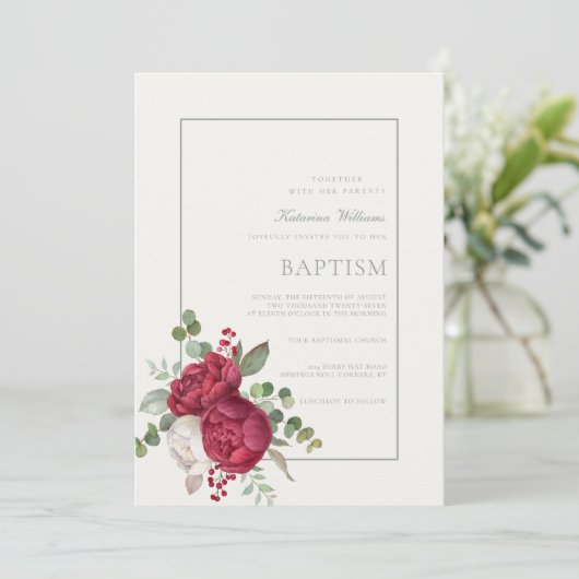 Mooie pioenen salie groen script ivoren doop kaart (Staand voorkant)