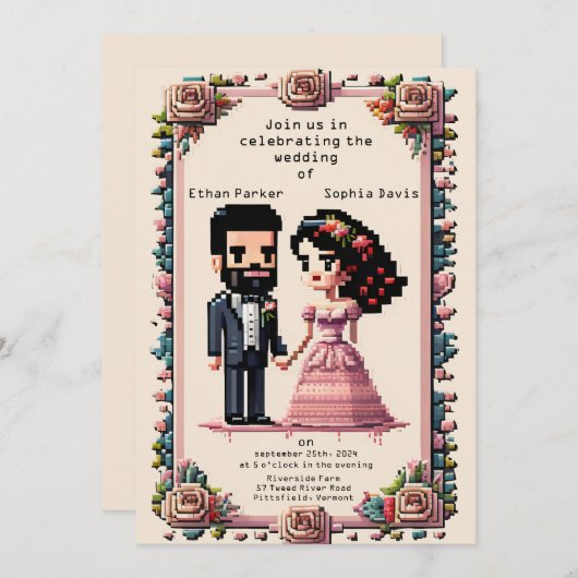 Mooie Pixel Art bruiloft uitnodiging (Voorkant / Achterkant)