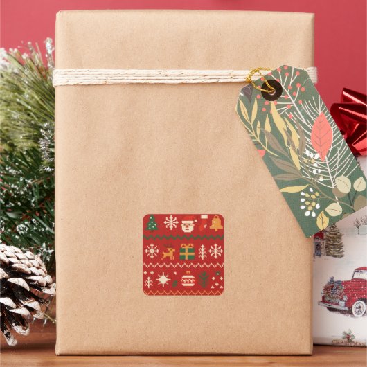 Mooie pixel art kerstpatroon vierkante sticker (Feestdagen)