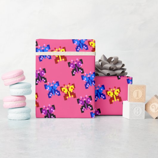 Mooie Pixel Vlinder Patroon Heet Roze Achtergrond Cadeaupapier (Baby Shower)