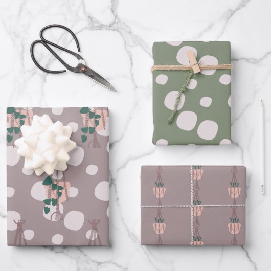 Mooie Plant Macramé Verspreide Stip Groene Patrone Inpakpapier Vel (Voorkant)