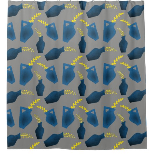 Mooie Planten in potten blauw, grijs en geel Douchegordijn (Voorkant)