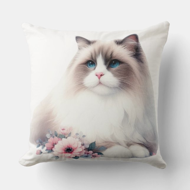 MOOIE PLUIZIGE RAGDOLL KAT MET BLOEMEN KUSSEN (Voorkant)