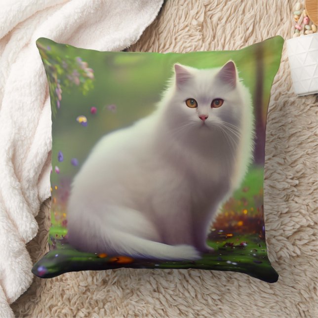 Mooie Pluizige Witte Kat  Kussen (Deken)