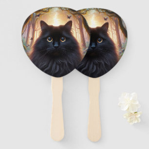 Mooie pluizige zwarte kat met gouden ogen handwaaier