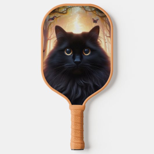 Mooie pluizige zwarte kat met gouden ogen pickleball paddle (Voorkant)