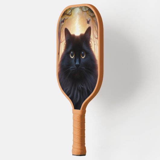 Mooie pluizige zwarte kat met gouden ogen pickleball paddle (Links)