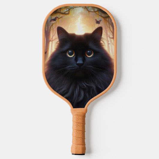 Mooie pluizige zwarte kat met gouden ogen pickleball paddle (Achterkant)