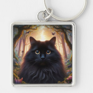 Mooie pluizige zwarte kat met gouden ogen sleutelhanger