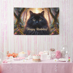 Mooie pluizige zwarte kat met gouden ogen Verjaard Spandoek