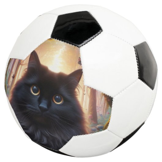 Mooie pluizige zwarte kat met gouden ogen voetbal (Drie kwart)