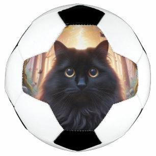 Mooie pluizige zwarte kat met gouden ogen voetbal