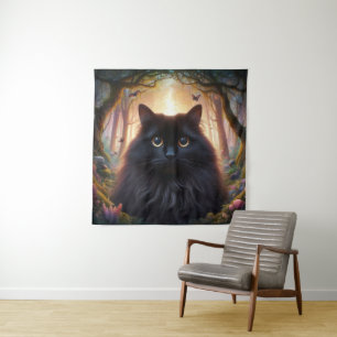 Mooie pluizige zwarte kat met gouden ogen wandkleed