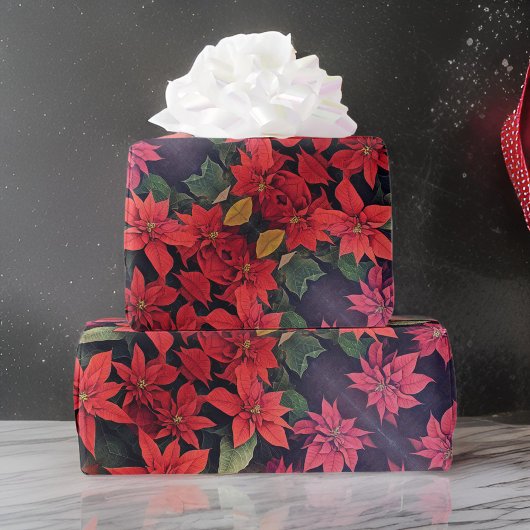 Mooie Poinsettia Bloemen Rood Groen Goud Cadeaupapier