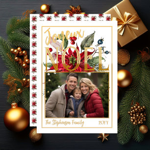 Mooie Poinsettia en bessen Joyeux Noël Feestdagenkaart