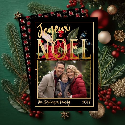 Mooie Poinsettia en bessen Joyeux Noël Feestdagenkaart