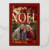 Mooie Poinsettia en bessen Joyeux Noël Folie Feestdagenkaart (Voorkant)