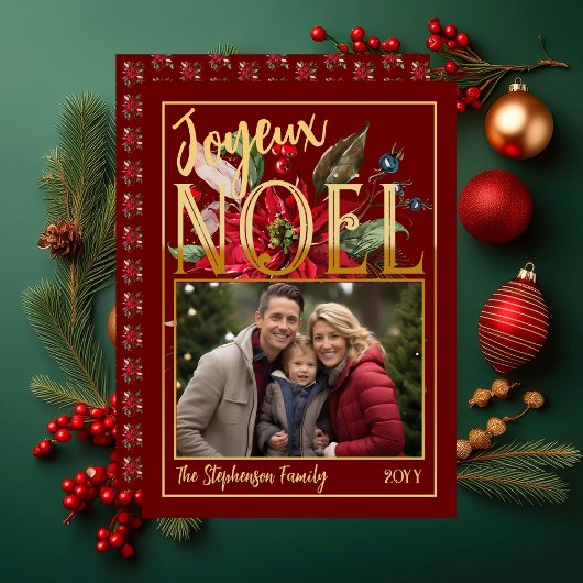 Mooie Poinsettia en bessen Joyeux Noël Folie Feestdagenkaart