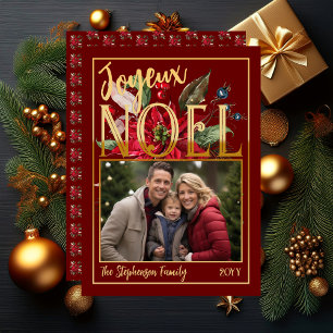 Mooie Poinsettia en bessen Joyeux Noël Folie Feestdagenkaart