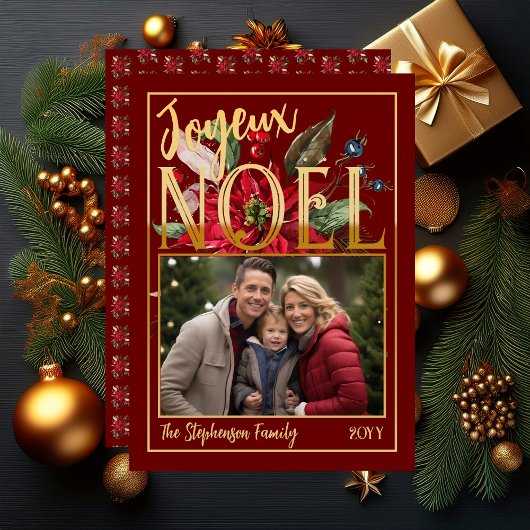 Mooie Poinsettia en bessen Joyeux Noël Folie Feestdagenkaart