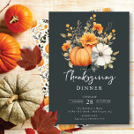 Mooie pompoen bloemenThanksgiving Kaart<br><div class="desc">Deze eigentijdse elegante Thanksgiving dineruitnodiging is voorzien van prachtige pompoen bloemenkunstwerken op een donkergroene achtergrond. De uitnodiging is eenvoudig en stijlvol, met de datum, tijd en locatie van het diner in een smaakvol lettertype. De pompoen bloemwerk voegt een vleugje grillen en plezier, en de groene achtergrond voegt een vleugje frisheid...</div>