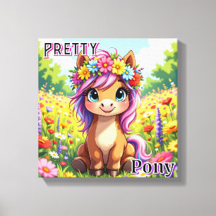 Mooie Pony   Schattige Cartoon Kinderkamer Kunst Canvas Afdruk