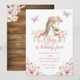 Mooie pony verjaardagsuitnodiging bloem boho paard kaart